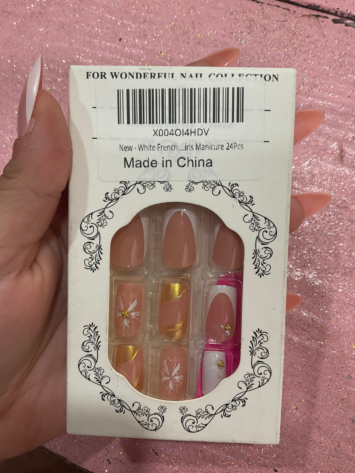 French tip floral press on nails