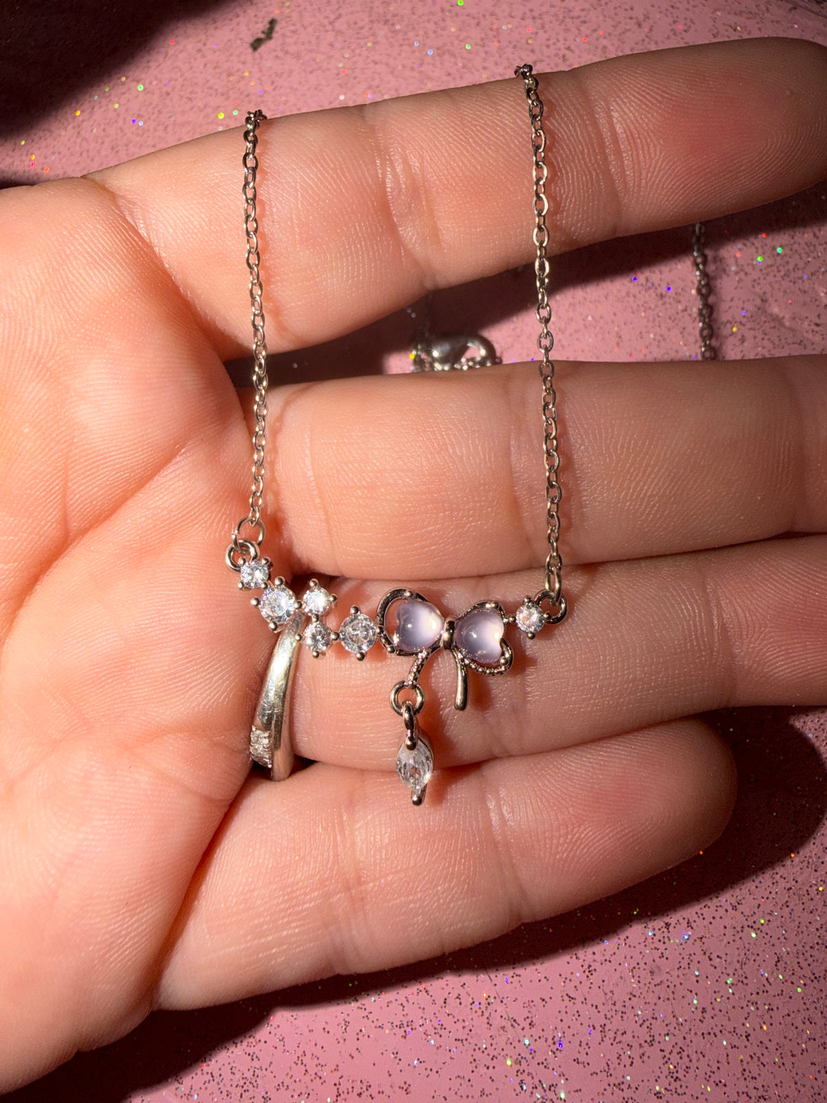 Baby pink bow necklace