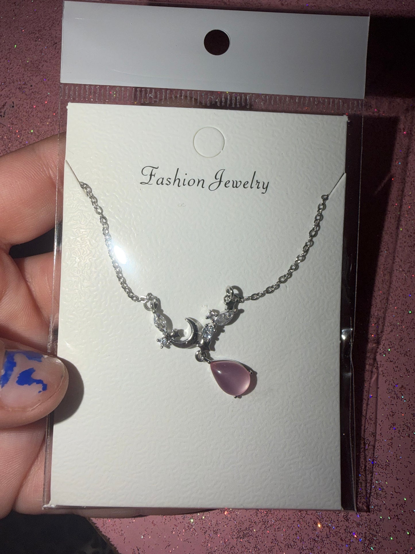 Pink teardrop with moon necklace