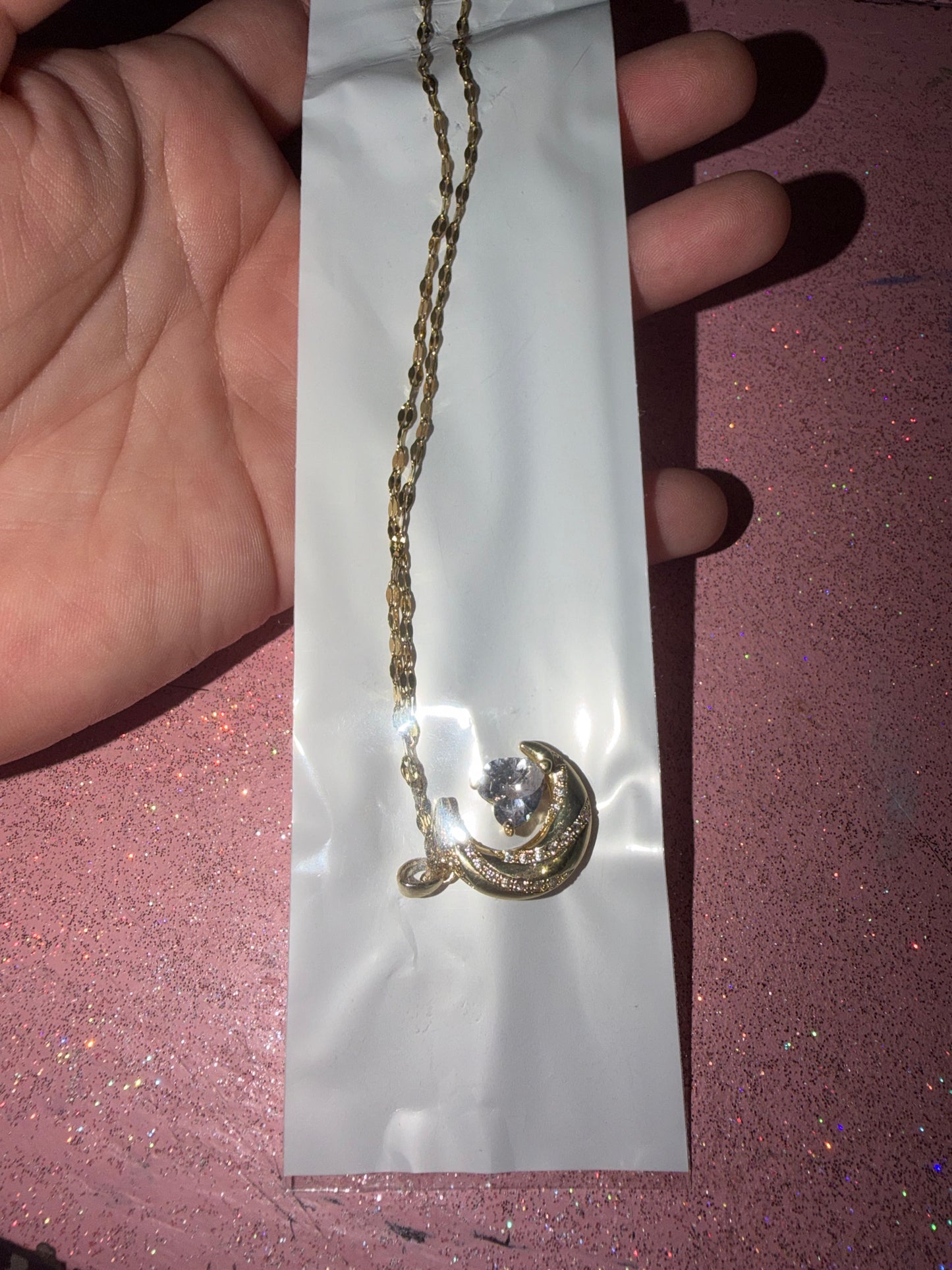 Gold rhinestone moon necklace