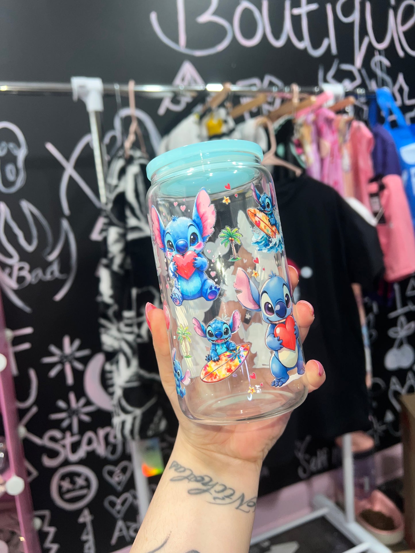 Stitch glass cup with straw