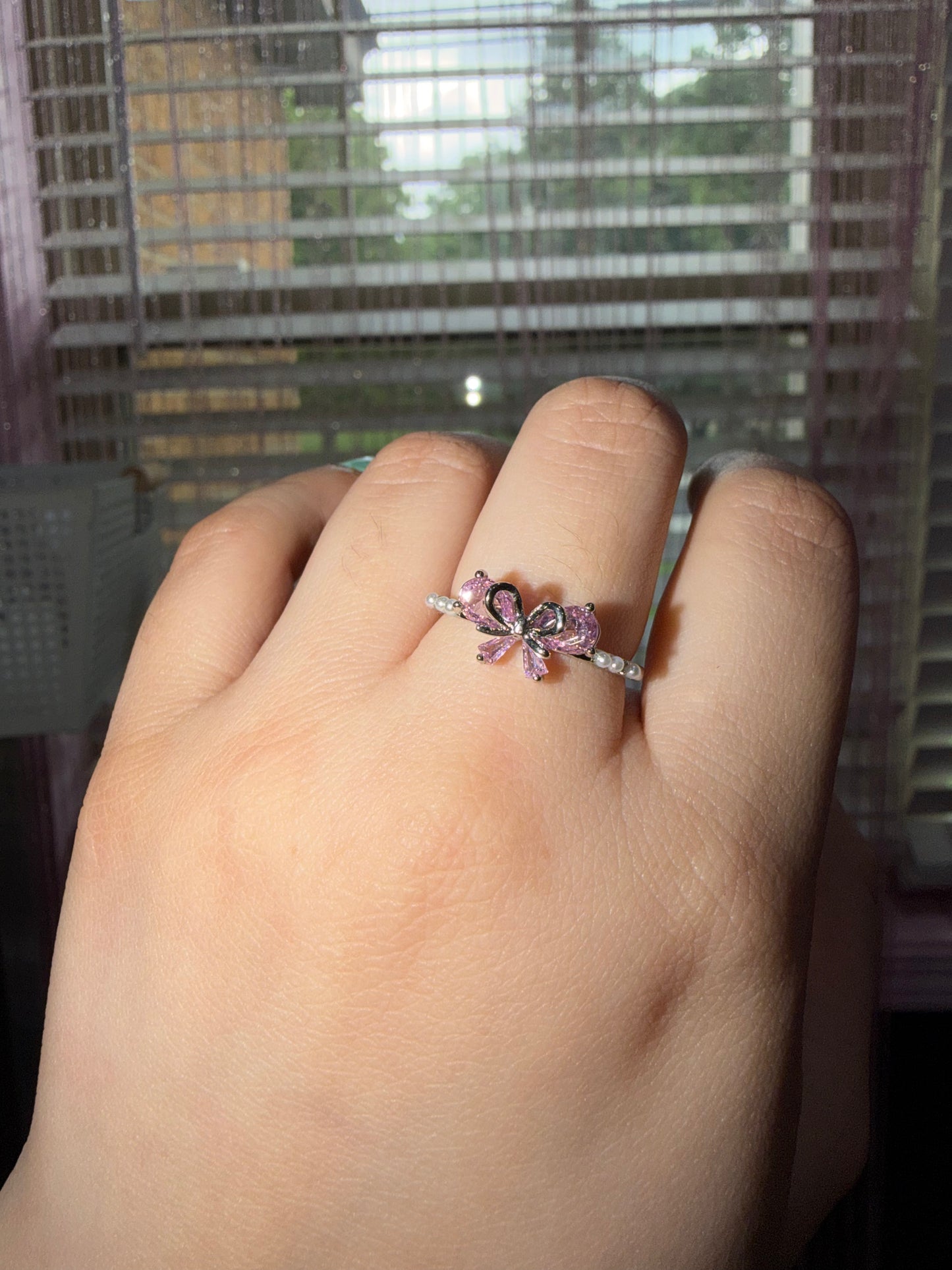 Pink butterfly pearl ring