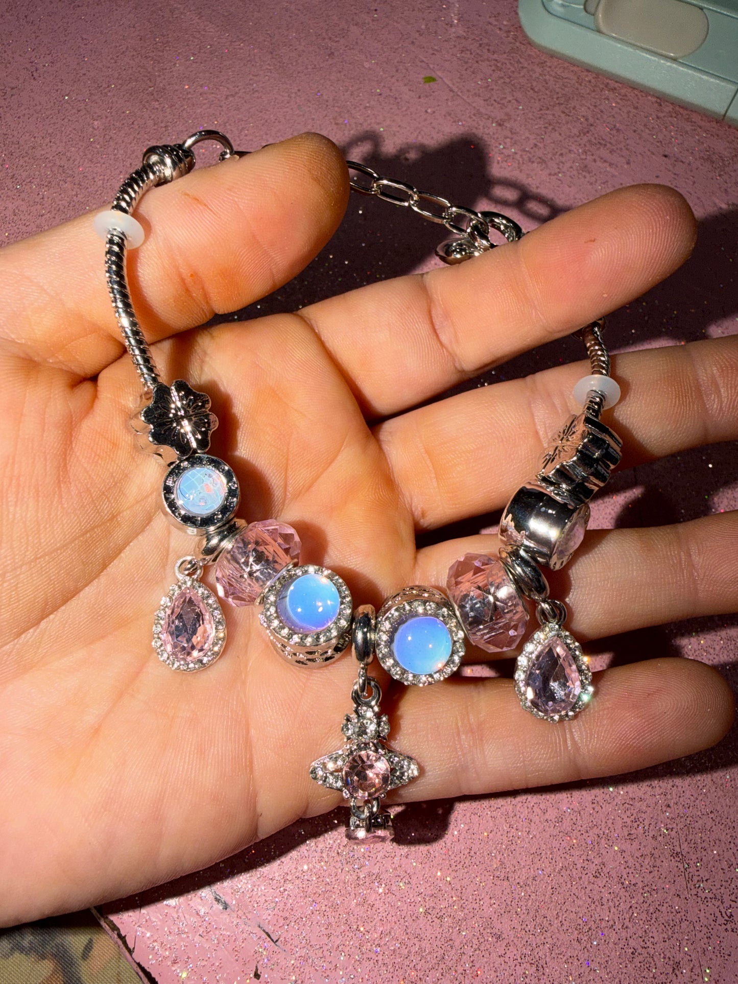 Pink hanging jewel charm bracelet