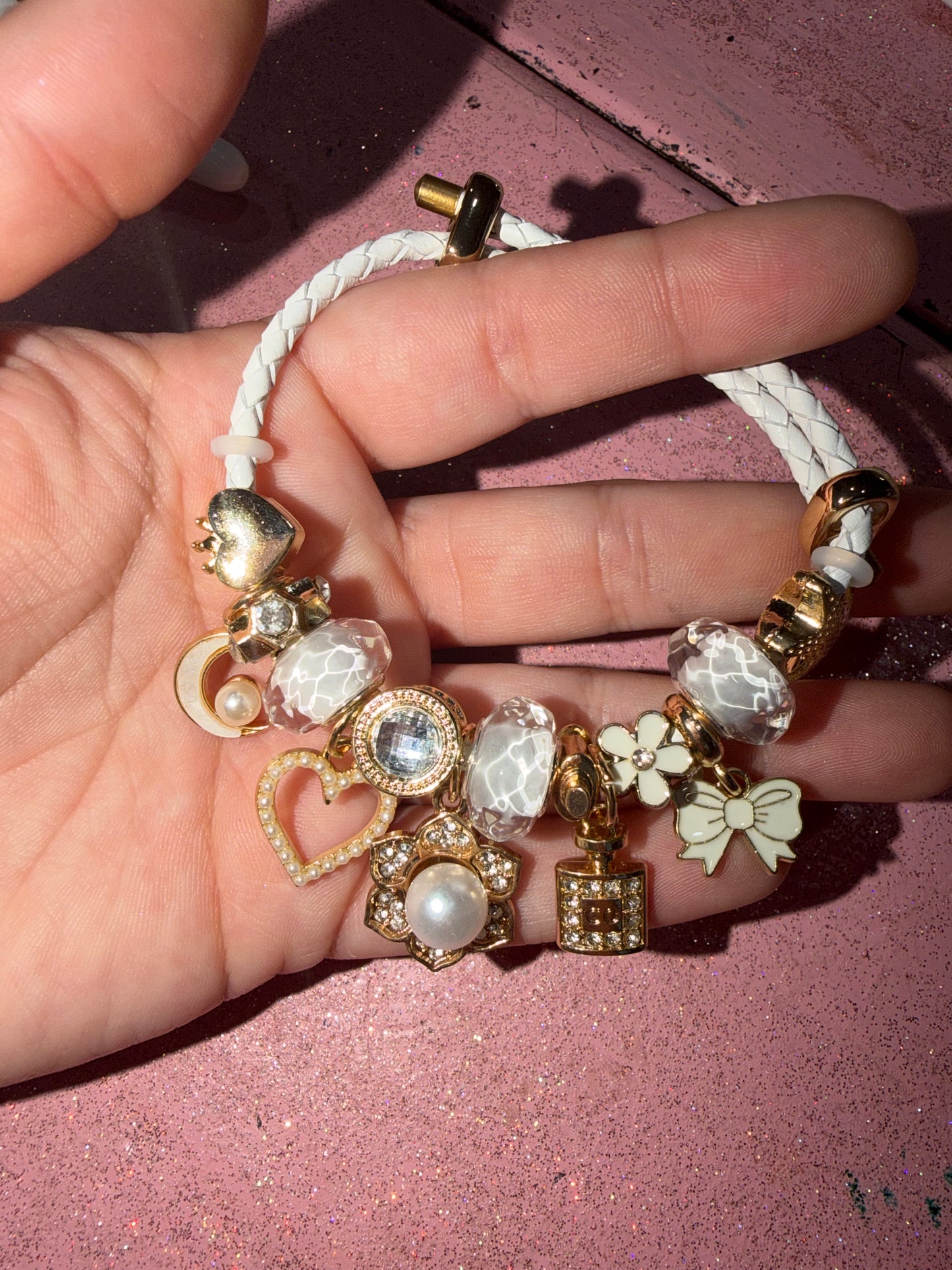 White flower and perfume charm bracelet