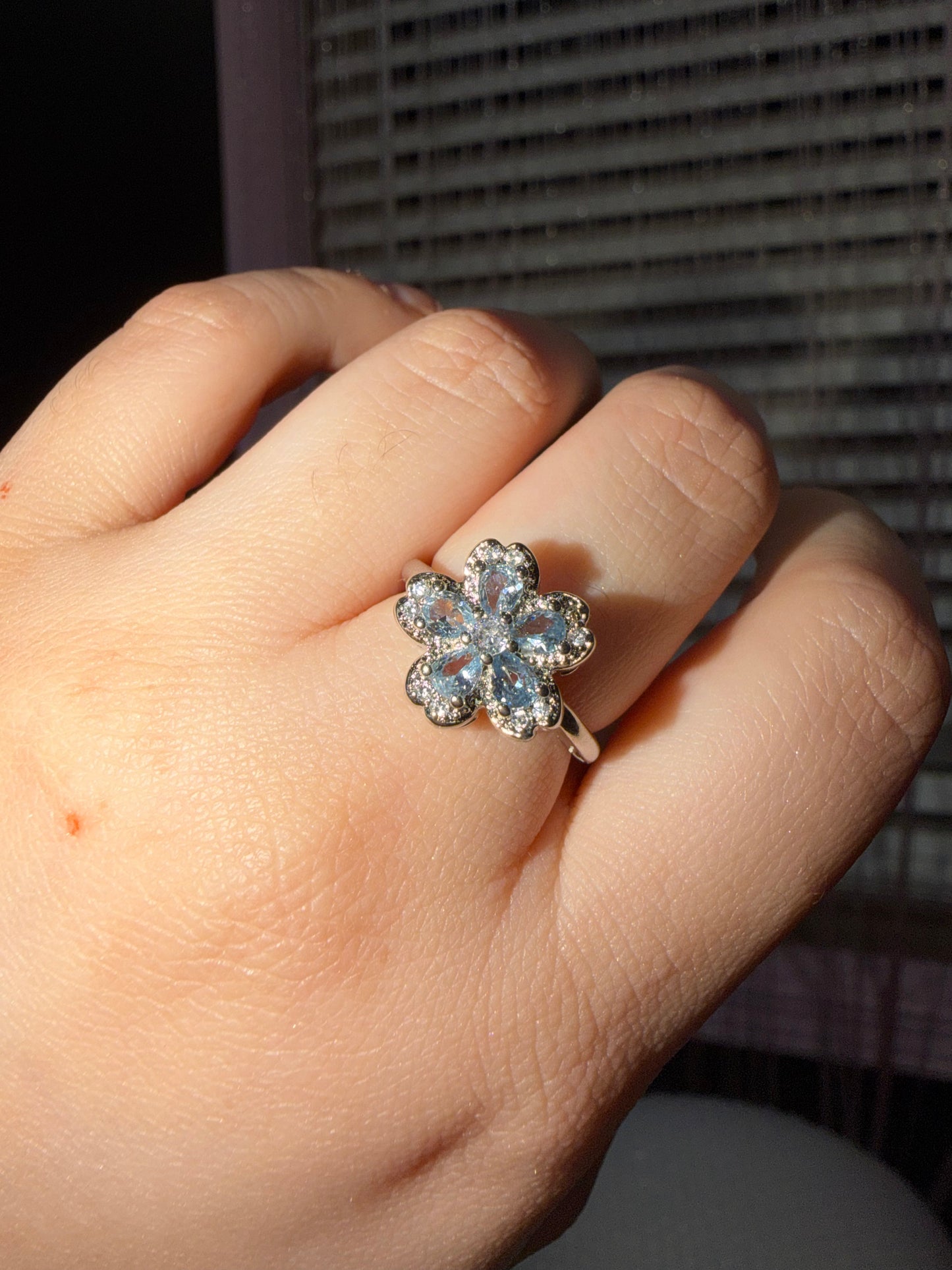 Baby blue flower adjustable ring