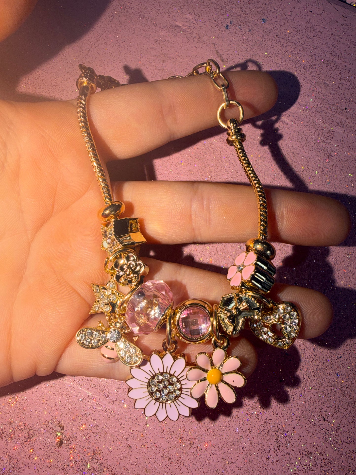 Pink flowers charm bracelet