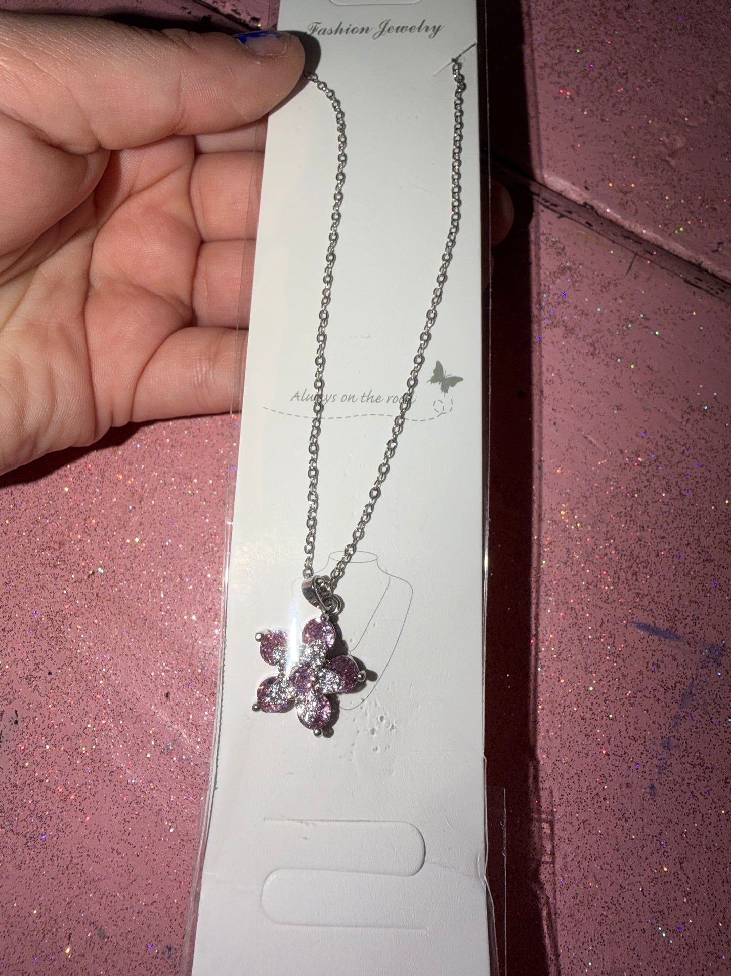 Pink and silver flower necklace