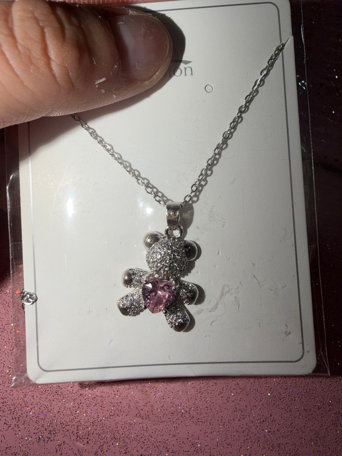 Silver and pink bear necklace
