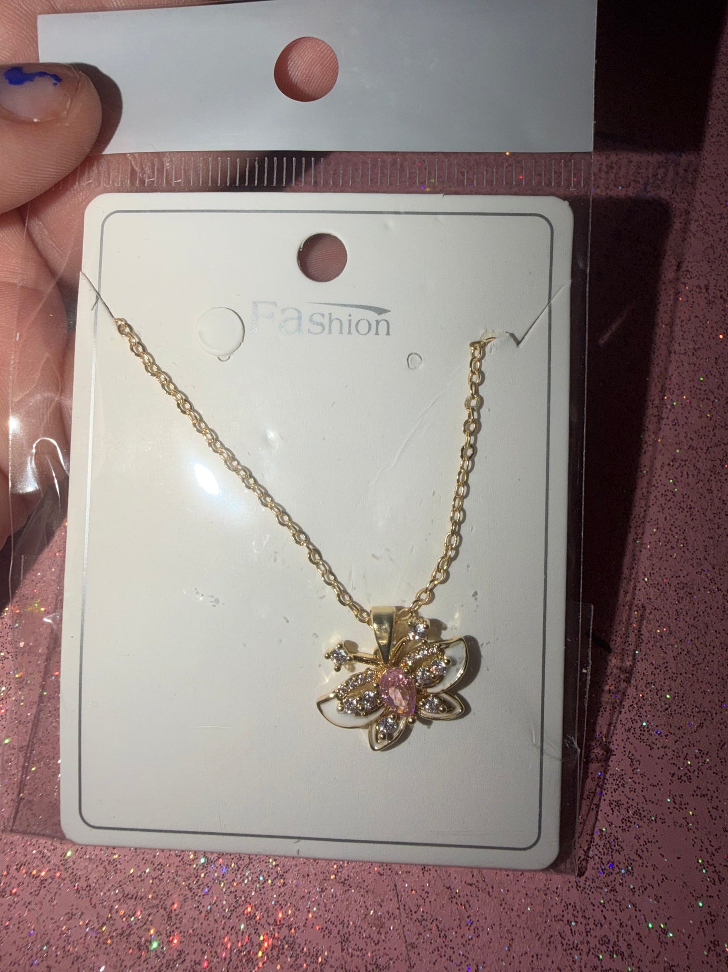Pink and white butterfly necklace