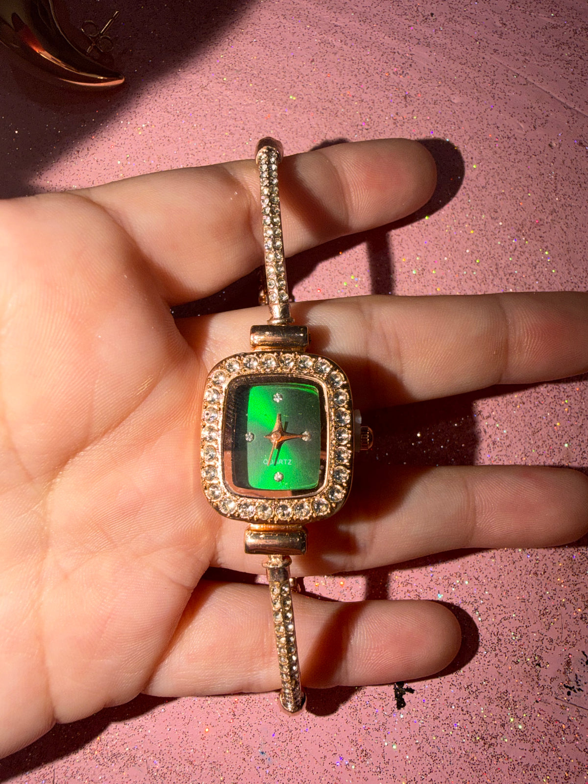 Green rhinestone watch
