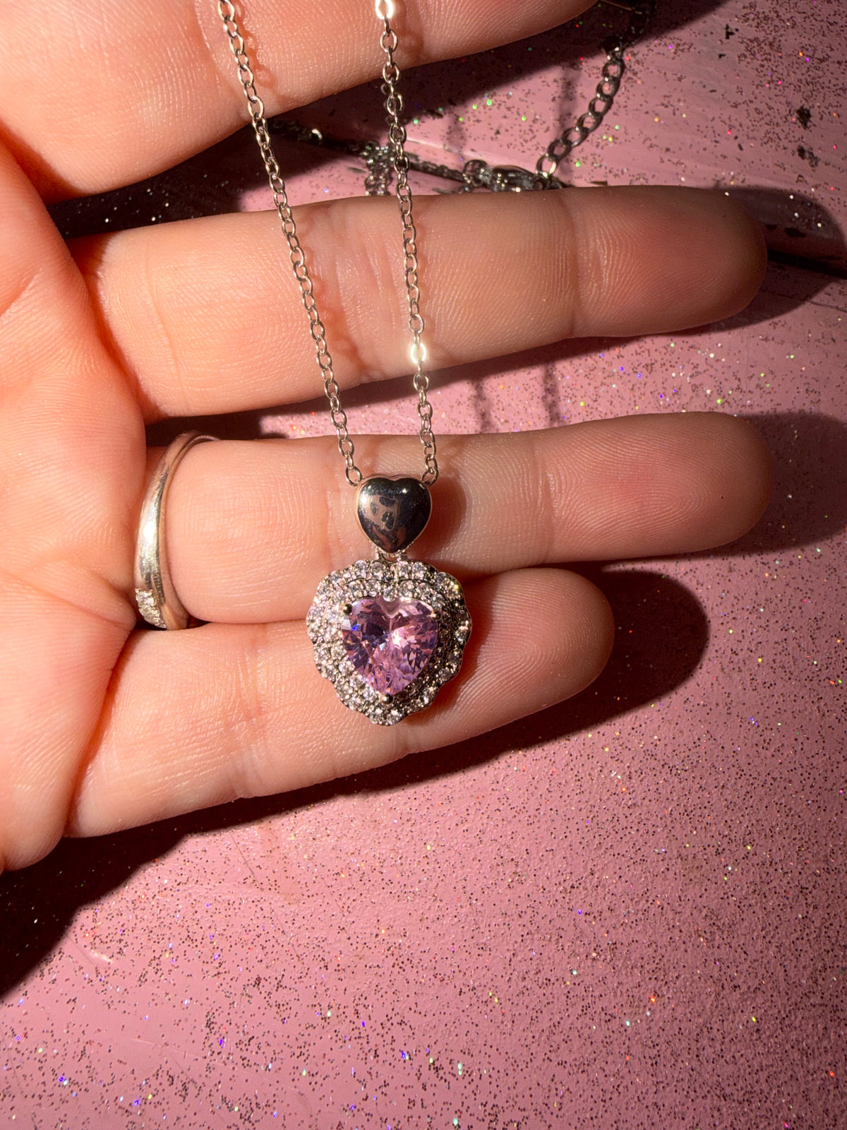 Pink and silver heart necklace