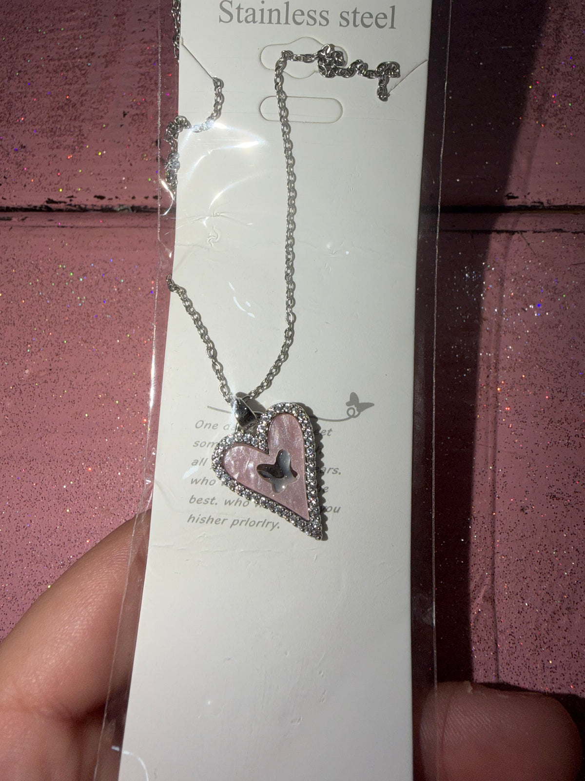 Silver and pink rhinestone heart necklace