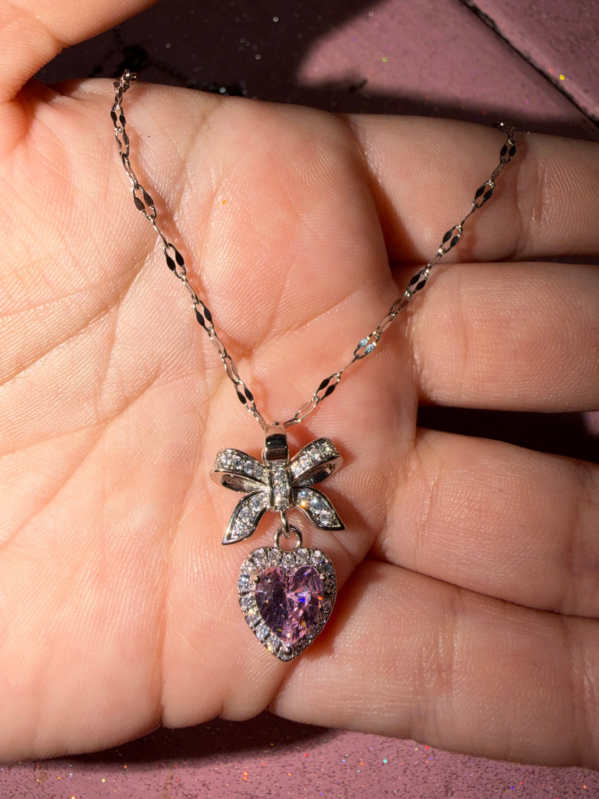 Pink heart with bow necklace