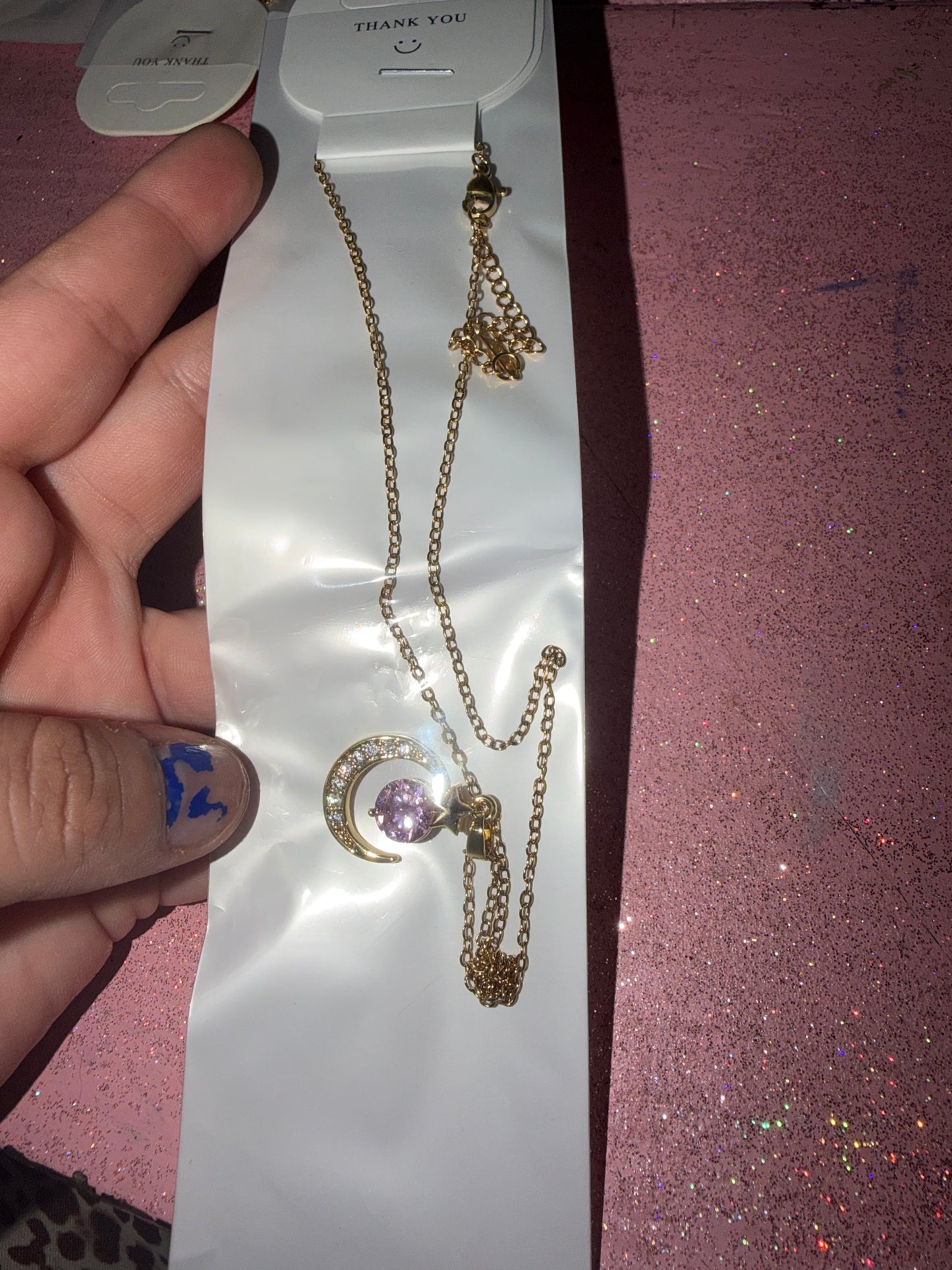 Moon and pink pendant necklace