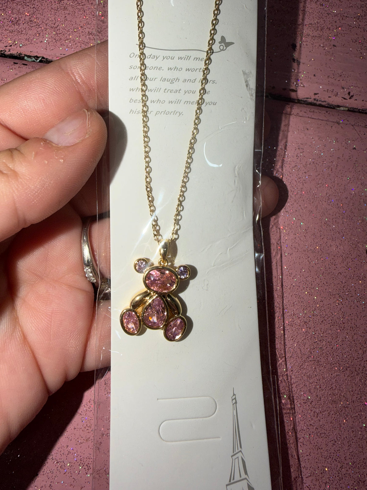 Gold and pink bear necklace