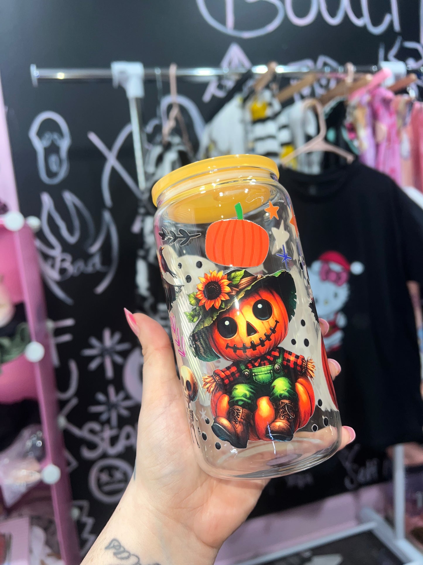 Scarecrow pumpkin glass cup with straw