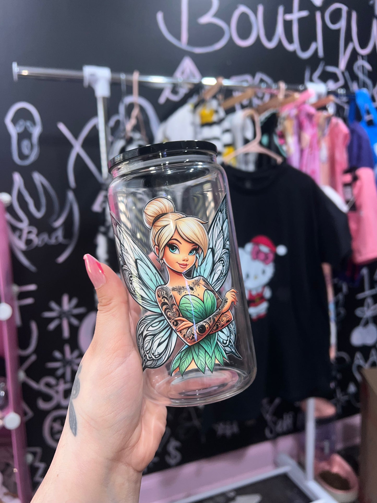 Tinkerbell glass cup with straw