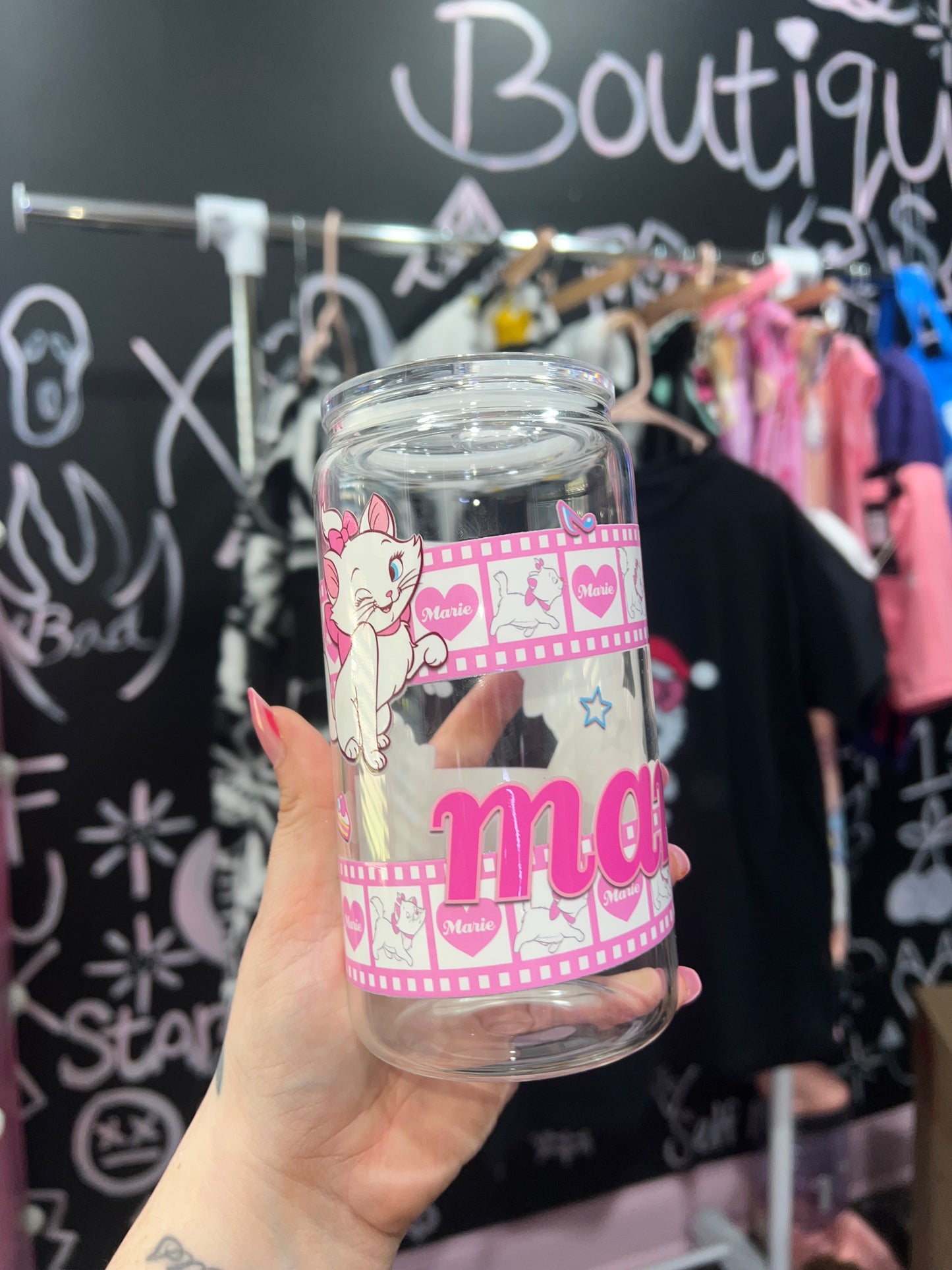 Marie cat glass cup with straw