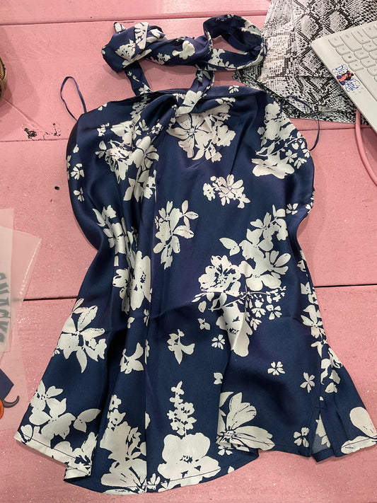 BLUE FLORAL SATIN HALTER TOP (M)