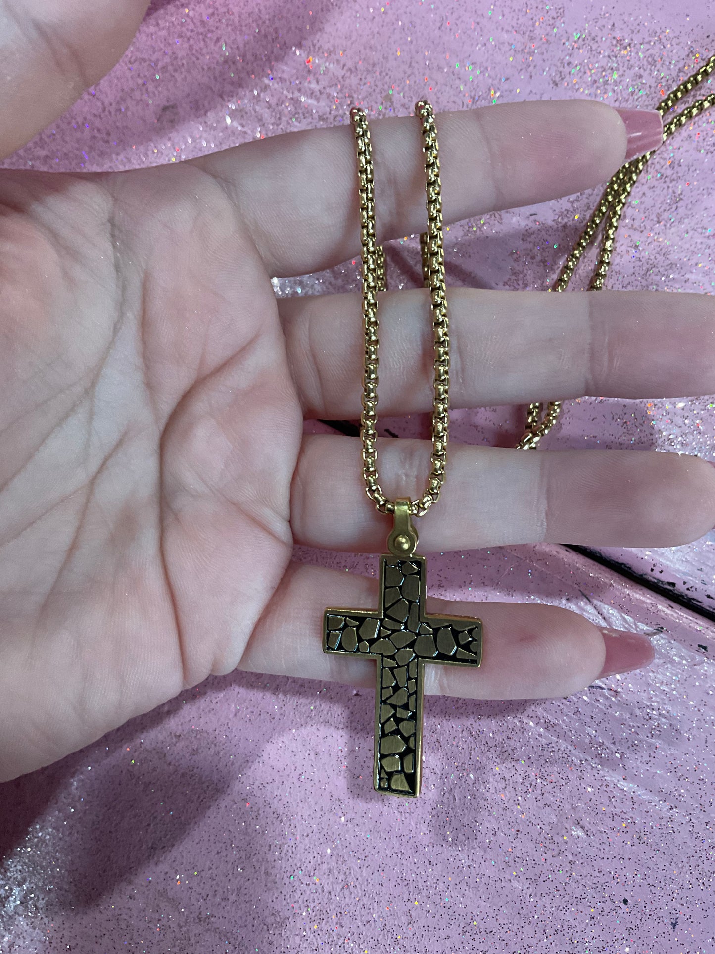 Gold brick style cross necklace