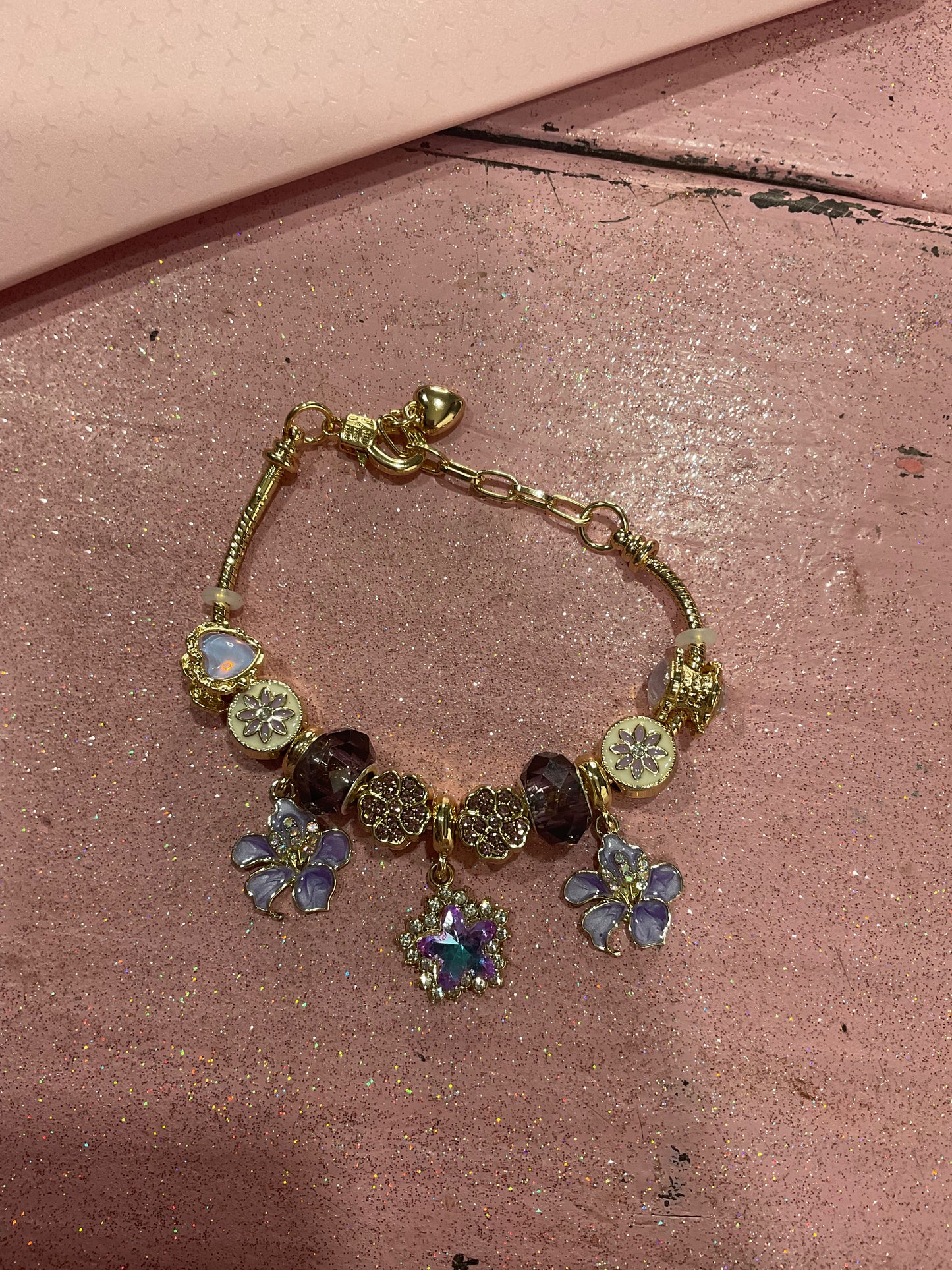 Purple flower charm bracelet