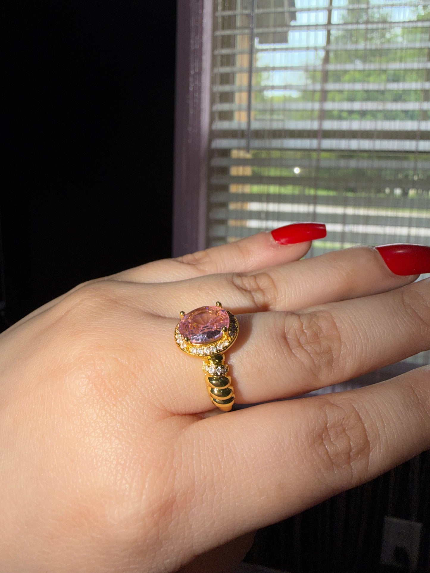 Pink pendant twist ring