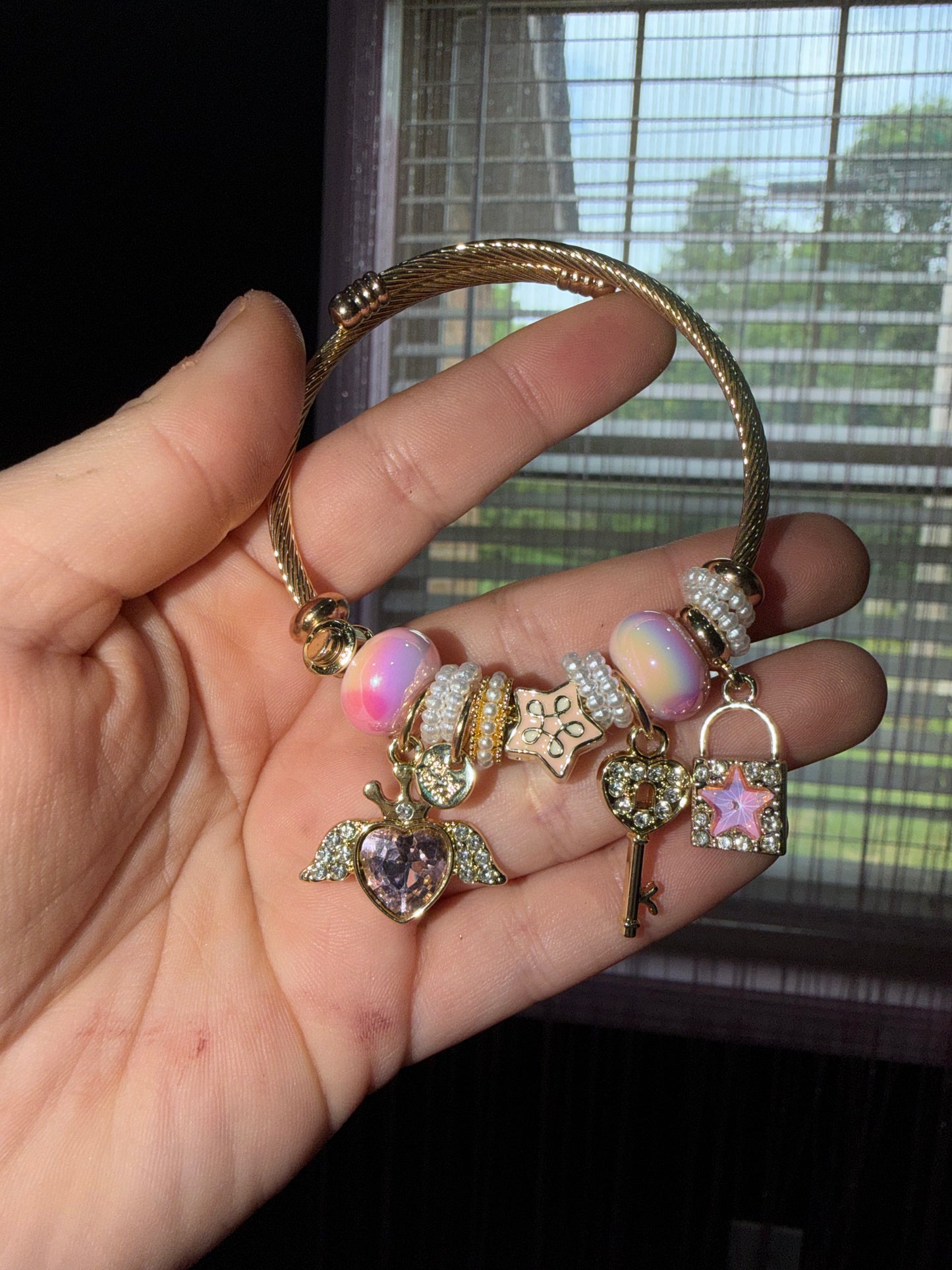 Pink heart key charm bracelet