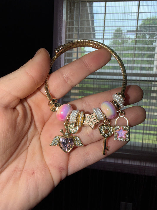Pink heart key charm bracelet