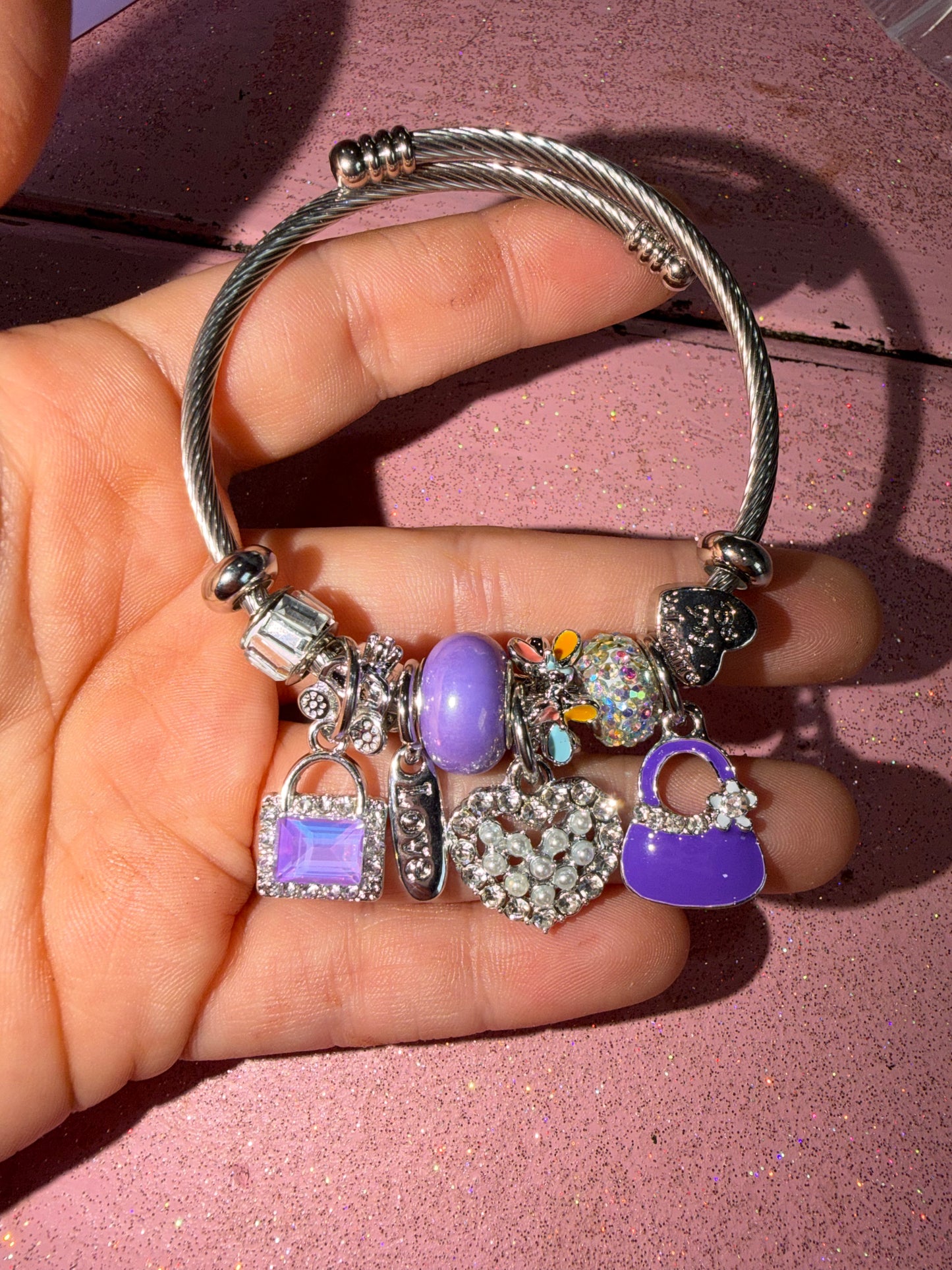 Purple purse charm bracelet