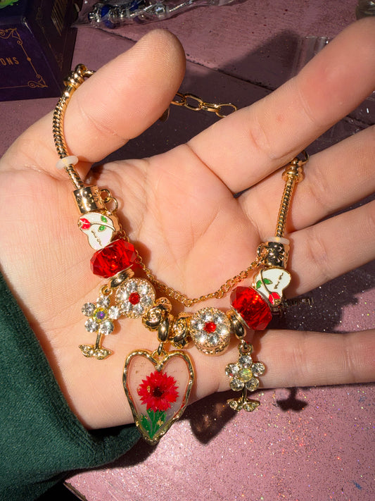 Red flower charm bracelet