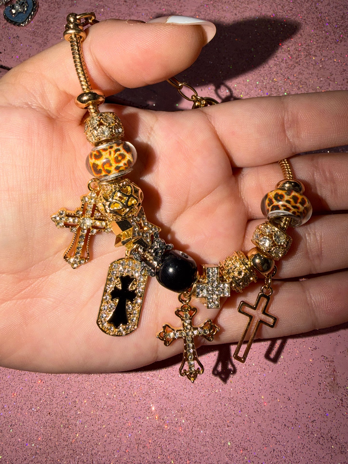 Cheetah gold cross charm bracelet