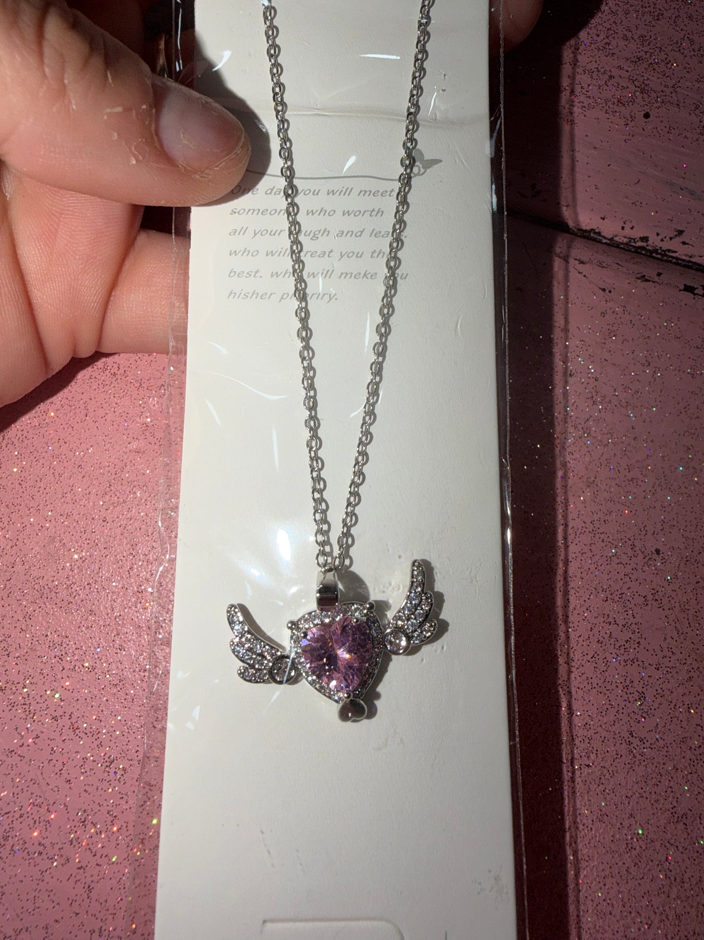 Pink and silver heart wings necklace